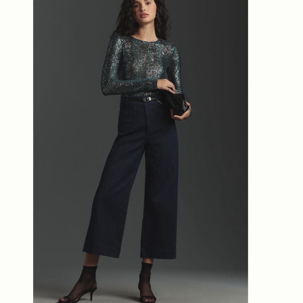 NWT Anthropologie The Colette Sparkle Denim Cropped Wide- Leg Jeans by Maeve, 26